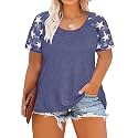 CARCOS Plus Size Tops for Women Short Sleeve Raglan Striped Tee Color Block Crewneck/V Neck Tunic Loose Fit Summer XL-5XL