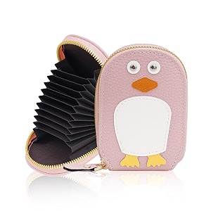 card holder wallet for women  cute penguin designed girls wallet  11 card slots slim wallet faux leather small purse with zipper easy to fit in pocket amp bag  perfect gifts for woman- baby pink