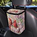 Cardinal Bird Cherry Blossom Print Trash Can for Car Leakproof Garbage with Lid and Zipper Trash Bin Hanging Back of Seat Auto Interior Accessories Universal Fit Most Truck SUV Van