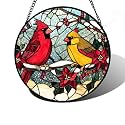 Cardinals Poinsettia Stained Glass Window Hanging Suncatcher Gifts 7.8"