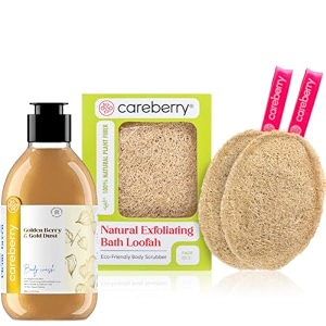 golden berry amp gold dust brightening body wash 300 ml  natural exfoliating bath loofah pack of 2  soap-free slssles-free ph 55  vegan plant-based loofah