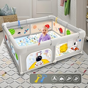 playardsplaypen for kids up to 4 years spacious 150x180 cm baby play yard with safety lock amp hand grip thick padding amp 360 mesh visibility portable activity center for toddlers - lightgrey