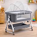 Premium 6-in-1 Baby Bedside Cot, Crib, Cradle Portable All-Mesh Bassinet with Multi-Purpose Tray,Wheels, Storage Basket, and 6 Height Adjustments, Easy Assembly for Newborns- Frost Grey