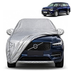 carens 100 waterproof car cover  dustproof sun protection cover  soft cotton lining  triple stitched  mirror pocket  antenna pocket  all weather body cover silver with yellow piping