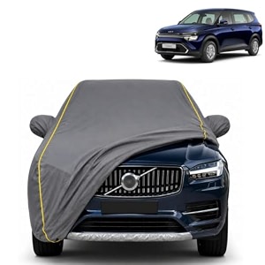 carens 100 waterproof car cover  dustproof sun protection cover  soft cotton lining  triple stitched  mirror pocket  antenna pocket  all weather body cover grey with yellow piping