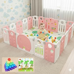 18 panel36sqft cover area playpen for babies and toddlers 0-3 years with mat and balls foldable activity fence with lock gate baby play area play yard play pen indoor setup pink 6  6 ft