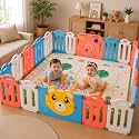 16 Panel Playpen for Babies 0-5 Years 30 Sqft Play Yard Fence with Safety Gate, Mat and Balls PlayArea for Babies Indoor Baby Playard for Toddlers Activity Center with Door Lock (Multi-Colour,Teddy)