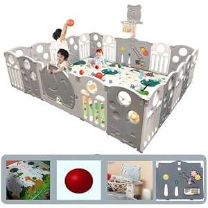 careopeta 16 panel playpen for babies upto 5 years 16 panel baby playard play pen with basket ball mat gate and balls kids play area indoor setup portable for toddlers children52  61ft30 sqft grey