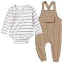 CARETOO Newborn Baby Boy Clothes Infant Boy Romper Fall Winter Outfits Bodysuit 2Pcs Striped Long Sleeve Top Overalls 0-18M