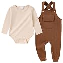 CARETOO Newborn Baby Boy Clothes Infant Boy Romper Fall Winter Outfits Bodysuit 2Pcs Striped Long Sleeve Top Overalls 0-18M