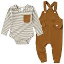 CARETOO Newborn Baby Boy Clothes Infant Boy Romper Fall Winter Outfits Bodysuit 2Pcs Striped Long Sleeve Top Overalls 0-18M