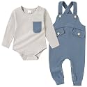 CARETOO Newborn Baby Boy Clothes Infant Boy Romper Fall Winter Outfits Bodysuit 2Pcs Striped Long Sleeve Top Overalls 0-18M