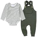 CARETOO Newborn Baby Boy Clothes Infant Boy Romper Fall Winter Outfits Bodysuit 2Pcs Striped Long Sleeve Top Overalls 0-18M