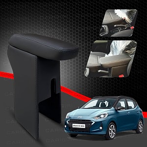 carigiri premium finish car armrest with storage box and high density moulded foam for hyundai i10 grand nios models-2019-2024 all coloursnappa leatherette black with black double stitching