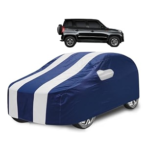 car cover compatible with mahindra bolero neo with mirror pocket water resistant triple stitched bolero neo car cover- navy-white