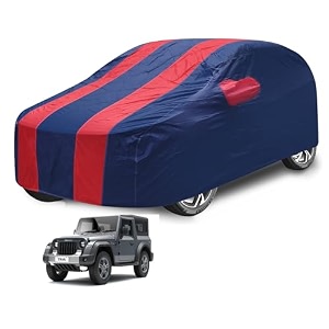 car cover compatible with mahindra thar model  2020-till date with mirror pocket water resistant triple stitched thar car cover- navy-red