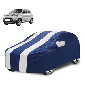 car cover compatible with maruti s-presso with mirror pocket water resistant triple stitched s-presso car cover- navy-white