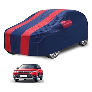 car cover compatible with maruti vitara brezza model  2015-2021 with mirror pocket water resistant triple stitched brezza car cover- navy-red