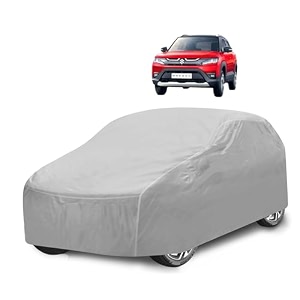 car cover compatible with maruti vitara brezza model  2015-2021 with mirror pocket water resistant triple stitched brezza car cover- plain silver
