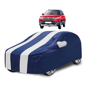 car cover compatible with maruti vitara brezza model  2015-2021 with mirror pocket water resistant triple stitched brezza car cover- navy-white