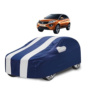 car cover compatible with tata nexon with mirror pocket water resistant triple stitched nexon car cover- navy-white