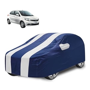 car cover compatible with tata tiago with mirror pocket water resistant triple stitched tiago car cover- navy-white