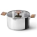 CAROTE 6QT Stainless Steel Stock Pot with Glass Lid, Large Soup Pot with Wood-Grain Handles, Deep Pot for Soup, Pasta & Stew