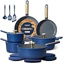 CAROTE Ceramic Cookwar Set, Pots and Pan Set Non Stick 18 Piece, Cookware Set Kitchen Cooking Set Non Toxic, PFAS PTFE Free, Blue