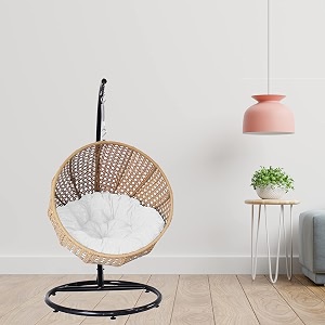 carry bird big boss wicker rattan wrought iron single seater swing chair with stand for adults  garden amp outdoor hammock swing with cushions for kids  teardrop swing hanging chair with curve iron stand  jhula  round shape  balconypatioindoorbackyardporchyardoutdoor furniture  golden swing-white cushion