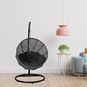 carry bird big boss wicker rattan wrought iron single seater swing chair with stand for adults  garden amp outdoor hammock swing with cushions for kids  teardrop swing hanging chair with curve iron stand  jhula  round shape  balconypatioindoorbackyardporchyardoutdoor furniture  black swing-green cushion
