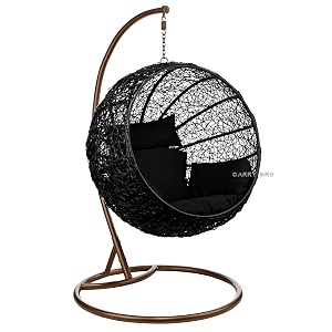 carry bird big boss wicker rattan wrought iron single seater swing chair with stand for adults  garden amp outdoor hammock swing with cushions for kids  teardrop swing hanging chair with curve iron stand  jhula  round shape  balconypatioindoorbackyardporchyardoutdoor furniture  black swing-black cushion