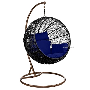 carry bird big boss wicker rattan wrought iron single seater swing chair with stand for adults  garden amp outdoor hammock swing with cushions for kids  teardrop swing hanging chair with curve iron stand  jhula  round shape  balconypatioindoorbackyardporchyardoutdoor furniture  black swing-navy cushion