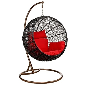 carry bird big boss wicker rattan wrought iron single seater swing chair with stand for adults  garden amp outdoor hammock swing with cushions for kids  teardrop swing hanging chair with curve iron stand  jhula  round shape  balconypatioindoorbackyardporchyardoutdoor furniture  black swing-blue cushion