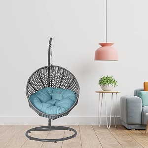 carry bird big boss wicker rattan wrought iron single seater swing chair with stand for adults  garden amp outdoor hammock swing with cushions for kids  teardrop swing hanging chair with curve iron stand  jhula  round shape  balconypatioindoorbackyardporchyardoutdoor furniture  grey swing-light blue cushion