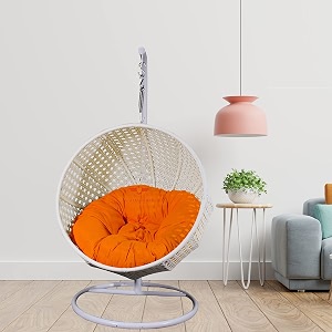 carry bird big boss wicker rattan wrought iron single seater swing chair with stand for adults  garden amp outdoor hammock swing with cushions for kids  teardrop swing hanging chair with curve iron stand  jhula  round shape  balconypatioindoorbackyardporchyardoutdoor furniture  white swing-orange cushion