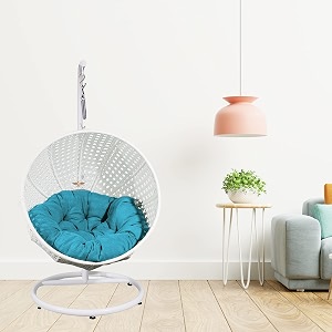 carry bird big boss wicker rattan wrought iron single seater swing chair with stand for adults  garden amp outdoor hammock swing with cushions for kids  teardrop swing hanging chair with curve iron stand  jhula  round shape  balconypatioindoorbackyardporchyardoutdoor furniture  white swing-light blue cushion
