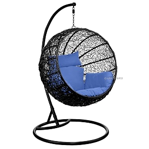 carry bird big boss wicker rattan wrought iron single seater swing chair with stand for adults  garden amp outdoor hammock swing with cushions for kids  teardrop swing hanging chair with curve iron stand  jhula  round shape  balconypatioindoorbackyardporchyardoutdoor furniture  black swing-light blue cushion