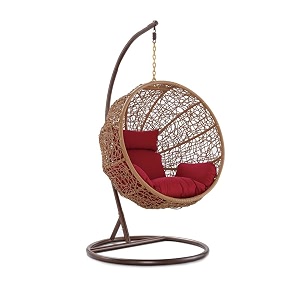 carry bird big boss wicker rattan wrought iron single seater swing chair with stand for adults  garden amp outdoor hammock swing with cushions for kids  teardrop swing hanging chair with curve iron stand  jhula  round shape  balconypatioindoorbackyardporchyardoutdoor furniture  honey swing-red cushion