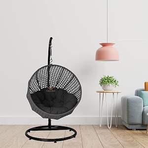 carry bird big boss wicker rattan wrought iron single seater swing chair with stand for adults  garden amp outdoor hammock swing with cushions for kids  teardrop swing hanging chair with curve iron stand  jhula  round shape  balconypatioindoorbackyardporchyardoutdoor furniture  black swing-black cushion