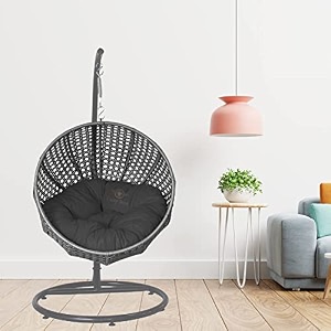 carry bird big boss wicker rattan wrought iron single seater swing chair with stand for adults  garden amp outdoor hammock swing with cushions for kids  teardrop swing hanging chair with curve iron stand  jhula  round shape  balconypatioindoorbackyardporchyardoutdoor furniture  grey swing-grey cushion
