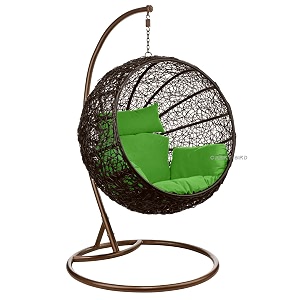 carry bird big boss wicker rattan wrought iron single seater swing chair with stand for adults  garden amp outdoor hammock swing with cushions for kids  teardrop swing hanging chair with curve iron stand  jhula  round shape  balconypatioindoorbackyardporchyardoutdoor furniture  brown swing-green cushion