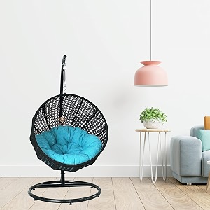 carry bird big boss wicker rattan wrought iron single seater swing chair with stand for adults  garden amp outdoor hammock swing with cushions for kids  teardrop swing hanging chair with curve iron stand  jhula  round shape  balconypatioindoorbackyardporchyardoutdoor furniture  black swing-sky blue cushion
