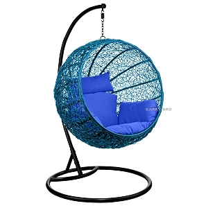 carry bird big boss wicker rattan wrought iron single seater swing chair with stand for adults  garden amp outdoor hammock swing with cushions for kids  teardrop swing hanging chair with curve iron stand  jhula  round shape  balconypatioindoorbackyardporchyardoutdoor furniture  lake blue swing-blue cushion