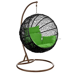 carry bird big boss wicker rattan wrought iron single seater swing chair with stand for adults  garden amp outdoor hammock swing with cushions for kids  teardrop swing hanging chair with curve iron stand  jhula  round shape  balconypatioindoorbackyardporchyardoutdoor furniture  black swing-green cushion