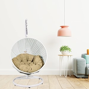 carry bird big boss wicker rattan wrought iron single seater swing chair with stand for adults  garden amp outdoor hammock swing with cushions for kids  teardrop swing hanging chair with curve iron stand  jhula  round shape  balconypatioindoorbackyardporchyardoutdoor furniture  white swing-mocha cushion