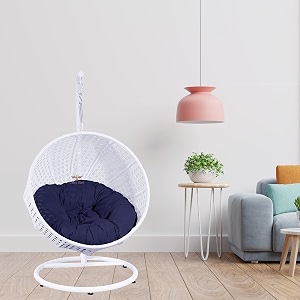 carry bird big boss wicker rattan wrought iron single seater swing chair with stand for adults  garden amp outdoor hammock swing with cushions for kids  teardrop swing hanging chair with curve iron stand  jhula  round shape  balconypatioindoorbackyardporchyardoutdoor furniture  white swing-dark blue cushion