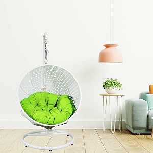 carry bird big boss wicker rattan wrought iron single seater swing chair with stand for adults  garden amp outdoor hammock swing with cushions for kids  teardrop swing hanging chair with curve iron stand  jhula  round shape  balconypatioindoorbackyardporchyardoutdoor furniture  white swing-green cushion