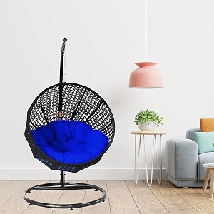 carry bird big boss wicker rattan wrought iron single seater swing chair with stand for adults  garden amp outdoor hammock swing with cushions for kids  teardrop swing hanging chair with curve iron stand  jhula  round shape  balconypatioindoorbackyardporchyardoutdoor furniture  black swing-blue cushion