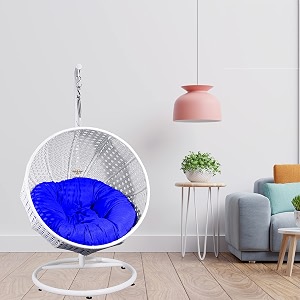 carry bird big boss wicker rattan wrought iron single seater swing chair with stand for adults  garden amp outdoor hammock swing with cushions for kids  teardrop swing hanging chair with curve iron stand  jhula  round shape  balconypatioindoorbackyardporchyardoutdoor furniture  white swing-blue cushion