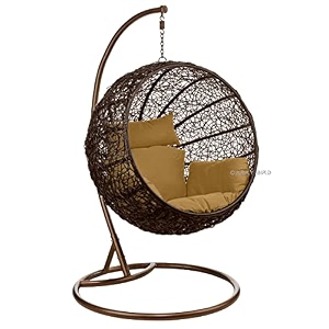 carry bird big boss wicker rattan wrought iron single seater swing chair with stand for adults  garden amp outdoor hammock swing with cushions for kids  teardrop swing hanging chair with curve iron stand  jhula  round shape  balconypatioindoorbackyardporchyardoutdoor furniture  brown swing-mocha cushion